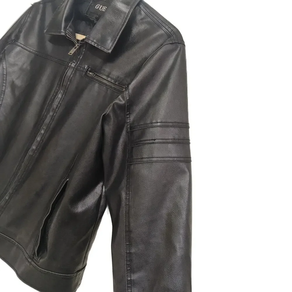 GUESS Men's Faux Leather Moto Jacket Black - Size Large - Full Zip